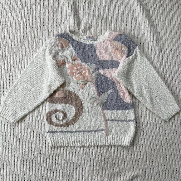 Vintage Floral White and Pastel Sweater - Medium - Picture 1 of 4